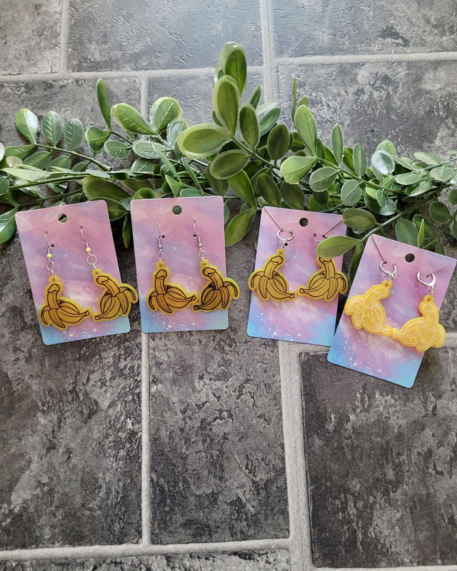 Earrings | Yellow Glitter Penis Bananas - Various Designs & Fittings | Stainless Steel Hooks or Hoops