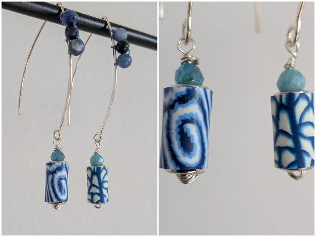 Dormeuses tissées main en labradorite, amazonite : pierres naturelles et cylindre bleu et blanc en verre blanc et noir, chaîne et fermoirs en acier inoxydable argent-sans nickel -piece unique 