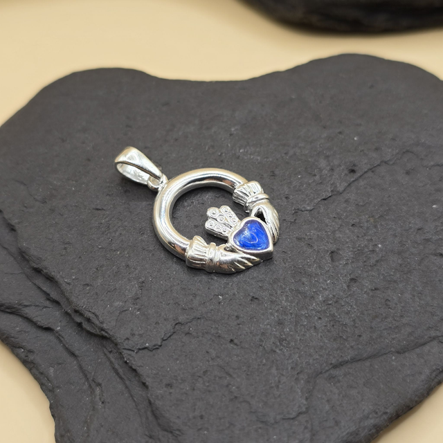 925 Sterling Silver Claddagh Heart Pendant – Blue Seaglass (“Something Blue” Collection)