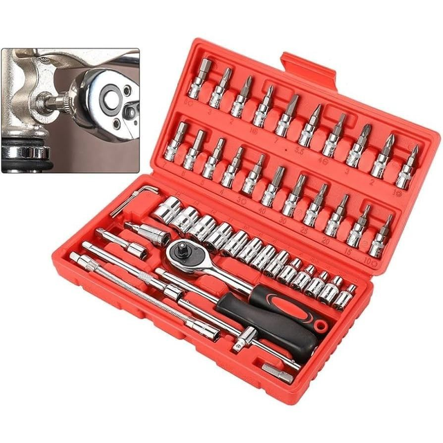 Maleta Jogo Conjunto Chave catraca 46/40 peças 1/4&#039;&#039; com soquete reversível resistente aço inox