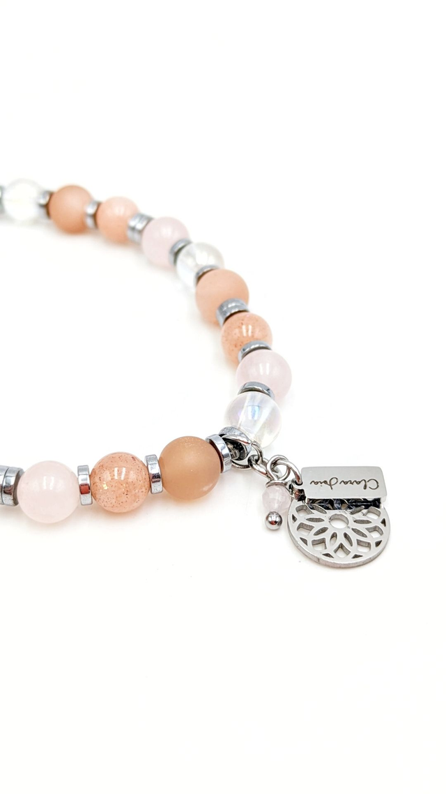 Bracelet Clara Joia Pierre de Soleil Quartz Rose Quartz Aura Angel Acier Argenté Rosace