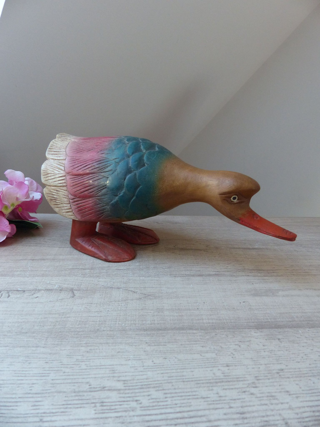 Grande statue canard en bois, canard coloré à poser sur étagère, canard décoratif pour meuble, escalier, canard décoration campagne