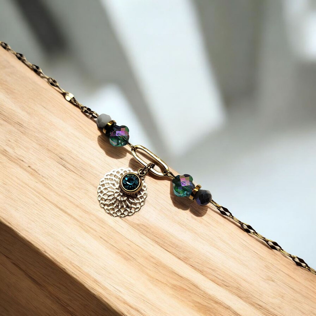 Bracelet acier inoxydable et strass bleu turquoise et doré