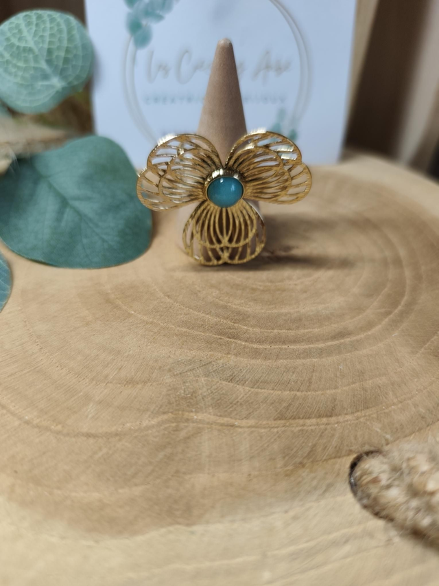 BIG BAGUE FLEUR ACIER INOXY GOLD/ PIERRE TURQUOISE 0000592