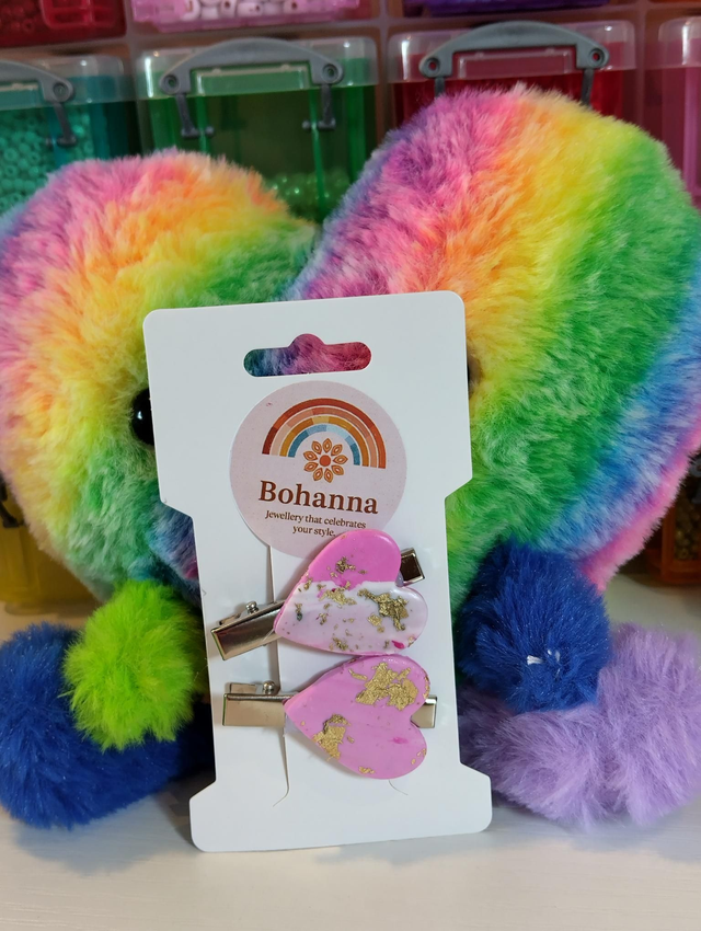 Handmade polymer clay hair clips - pink and Gold 