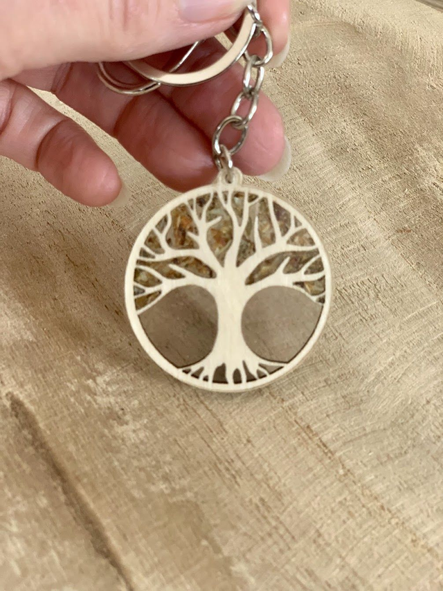 Porte-clés Arbre de vie en bois incrusté d'Ambre