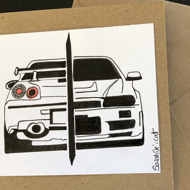 Carte - Nissan GTR 34 - 13,5 x 13,5 cm - enveloppe kraft 