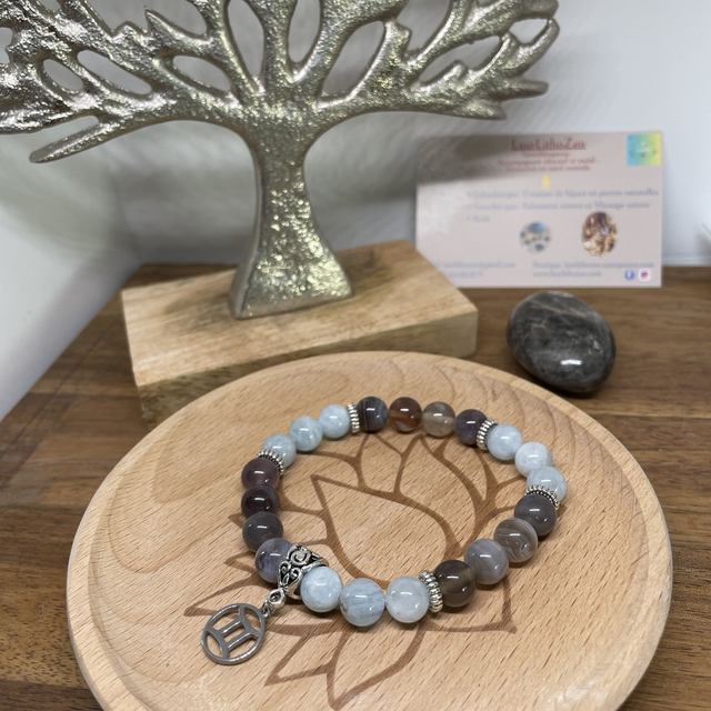 💫♊️🪶Bracelet Signe du Gémeaux en Agate Botswana et Aigue marine