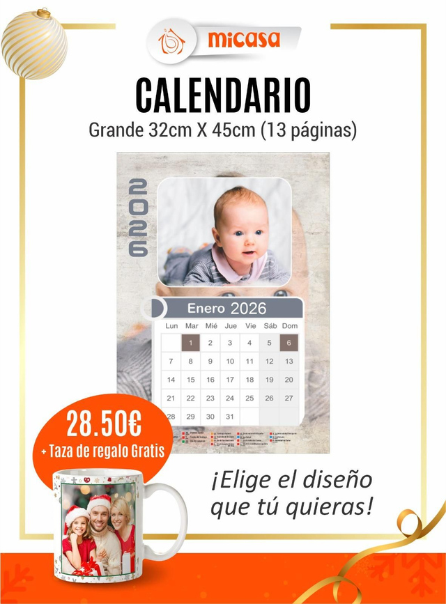PACK CALENDARIO 32 x45 +TAZA PERSONALIZADA 