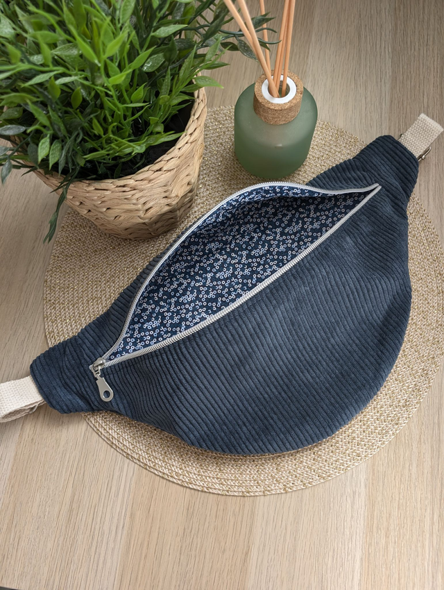 Sac banane femme en velours cotelé bleu canard