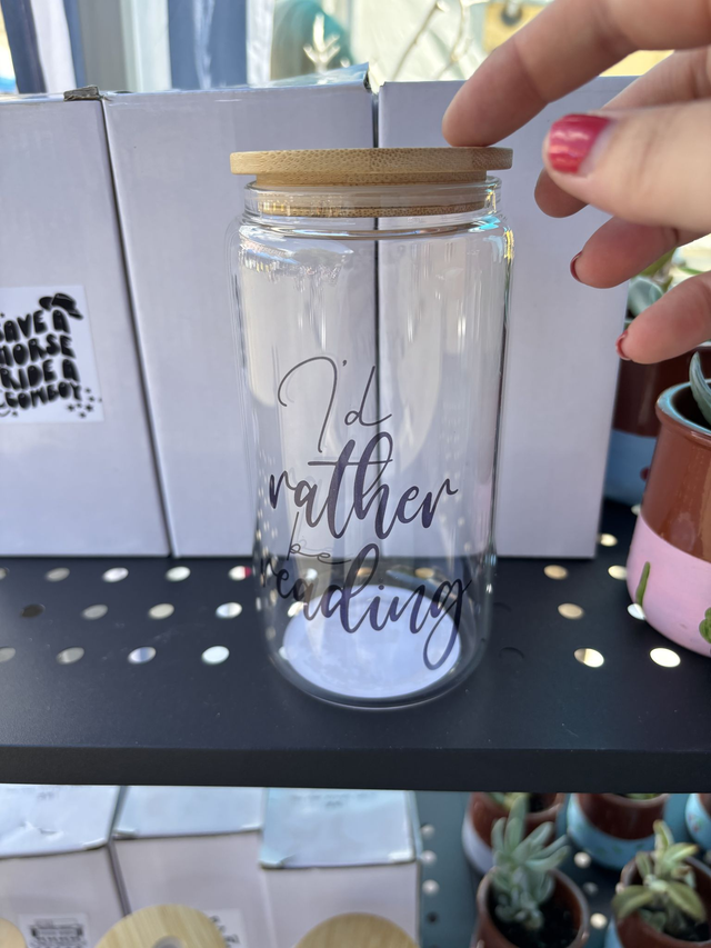 I&#039;d Rather be Reading - Sublimated Glass Can with Bamboo Lid and Straw