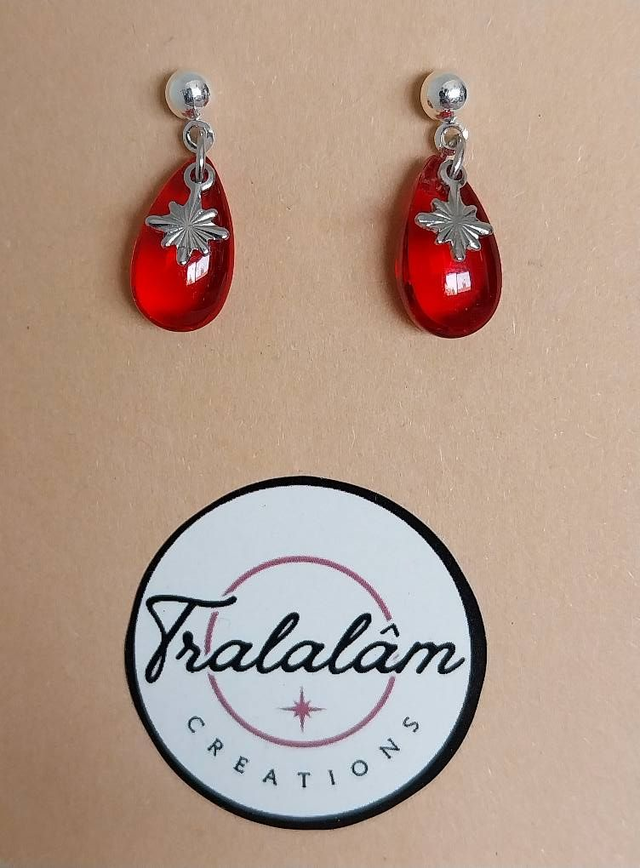 ✨ Boucles d’oreilles minimaliste Goutte Rouge Passion étoile argentée ✨  
