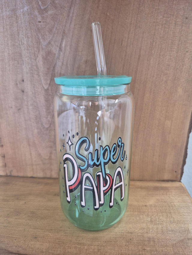 Verre paille bleu turquoise " Super papa"