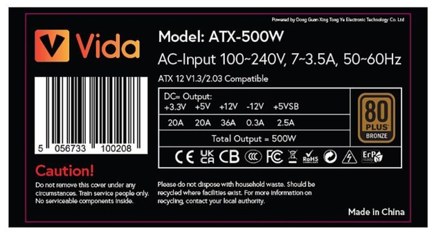 Vida 500W ATX PSU, 80+ Bronze, Fluid Dynamic Ultra-Quiet Fan, PCIe, Flat Black Cables, Power Supply