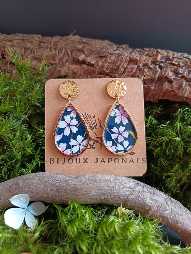 Boucles d'oreilles - puces - papier washi - Sakura - fleurs - La&amp;Titia 
