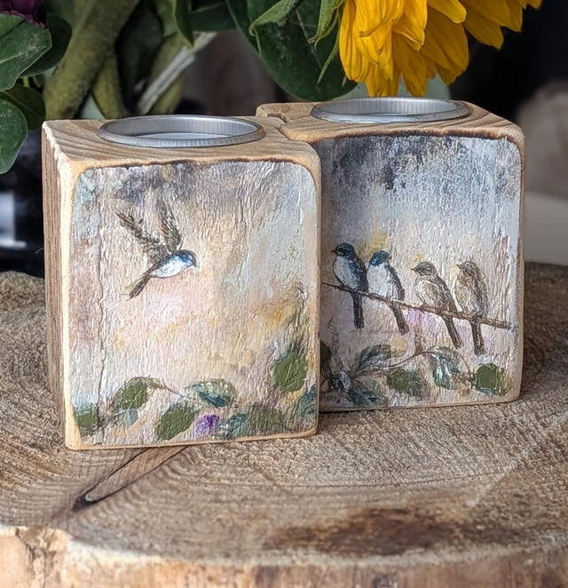 Birds - evening fall - Set of Two Tealight Holders Reclaimed Wood