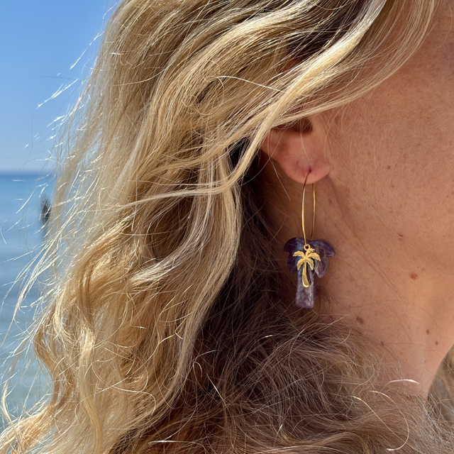 Boucles d’oreilles Créoles Palmiers Améthyste 