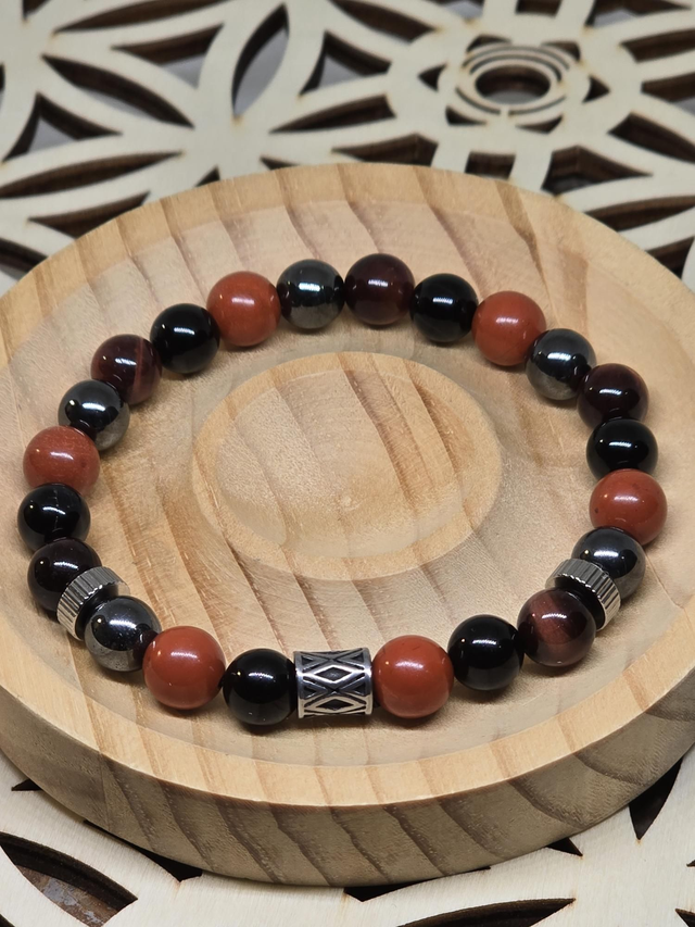 Bracelet Onyx, Jaspe rouge, Œil de Taureau, Hématite 0,8 cm
