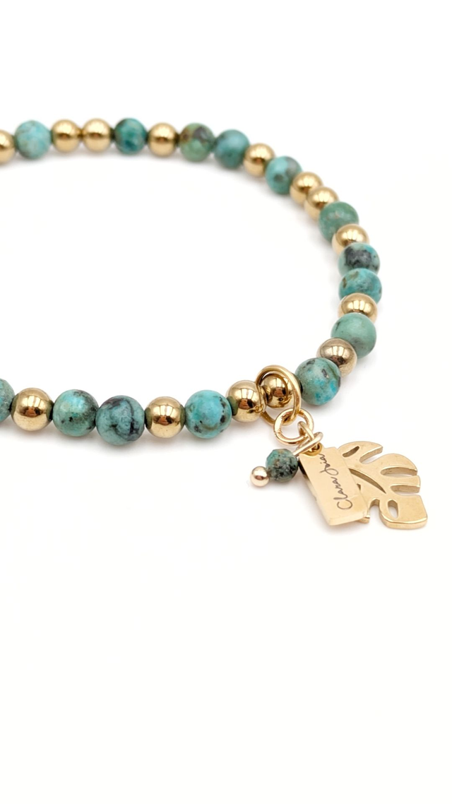 🌿 Bracelet Turquoise africaine &amp; Hématite dorée – Monstera