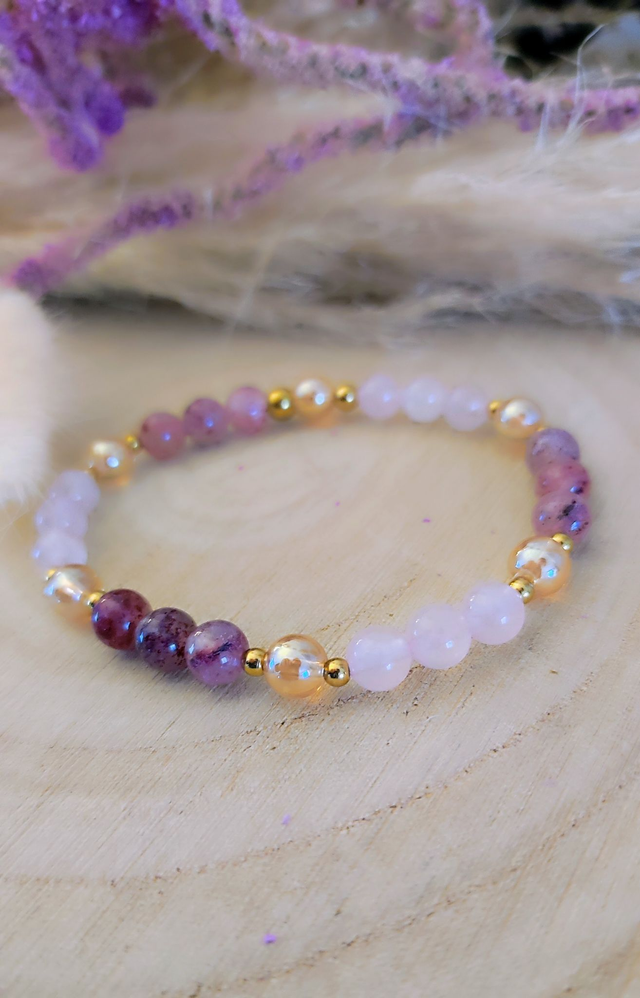 Bracelet "Épanouissement et Joie" Quartz fraise et Quartz rose