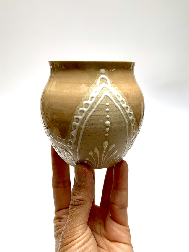 Ceramic Cup with Flower Pattern, emerald green, Elven Woodland Style, Medieval, Art Piece