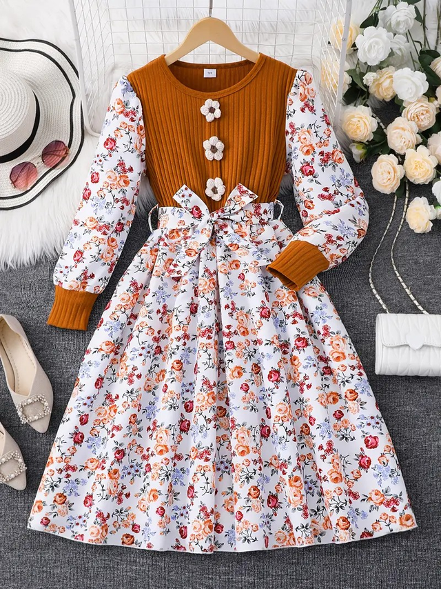Girls' Elegant Floral Print Knit Dress with 3D Flower Buttons &amp; Patchwork Sleeves