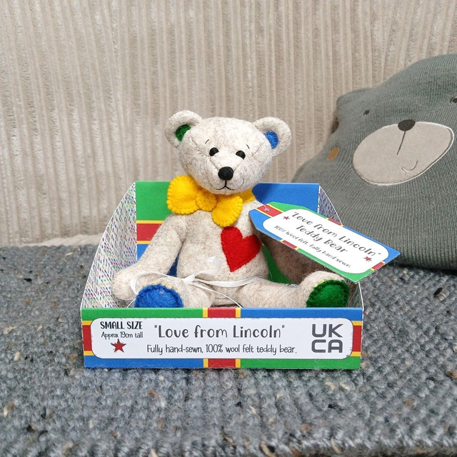 LOVE FROM LINCOLN. Small size, handmade teddy bear. UKCA. Multi-bear listing. Standard Wool Felt. Beige. Yellow. Red. Blue. Green. Lincolnshire Flag.