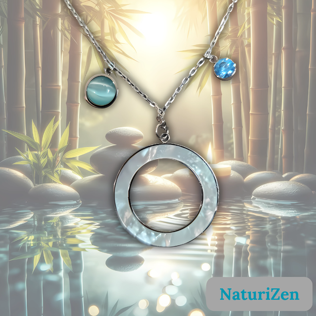 Collier Pendentif Nacre avec Breloques Sélénite &amp; Cristaux Swarovski sur Chaîne Inoxydable