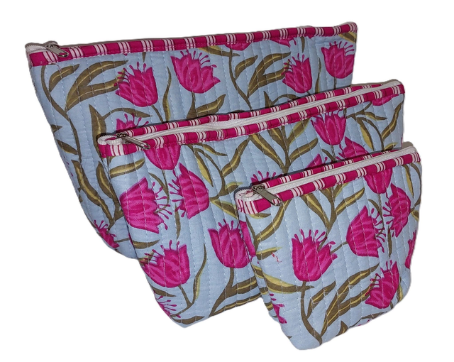 Trousse de toilette matelassée – Trousse de maquillage - Coton doublé fait main - Motif floral rose et bleu