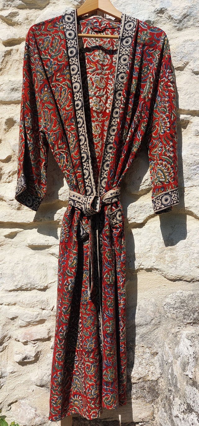  Peignoir unisexe, teintures naturelles artisanales, imprimé à la main, rouge, bleu, vert, jaune, noir, ivoire, robe de chambre L.130cm 