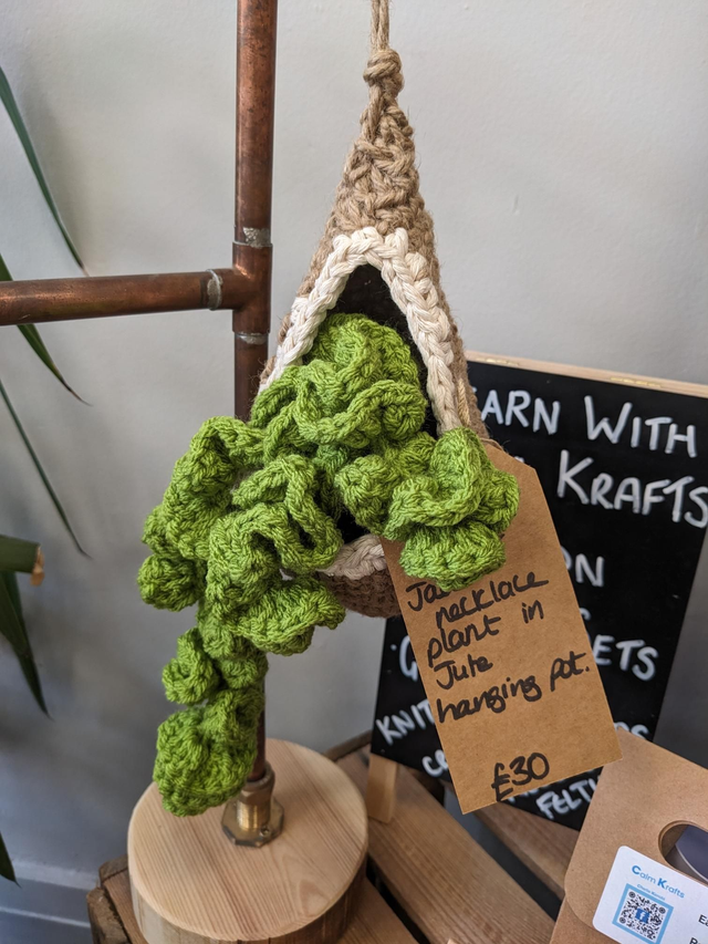 crochet crafts - Tumbling Crochet Plant Hanger | Natural Cotton & Faux Greenery (Made to order - allow 3 week craft time)