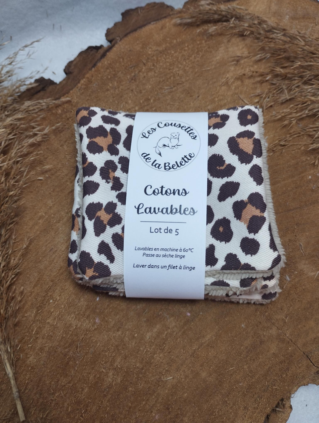 Lot de 5 cotons lavables - motif Léopard (bambou)