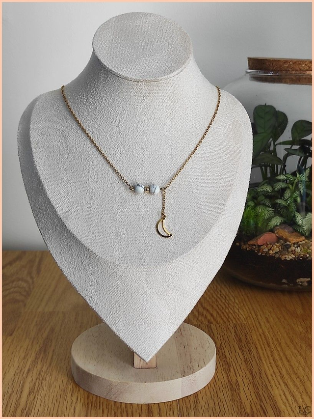 Collier duo de perles et breloque, pierre naturelle - Howlite blanche