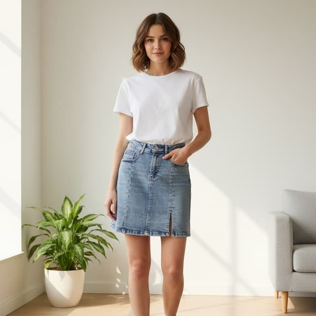 "Mini-jupe en jean délavé clair avec fente frontale - Denim Femme"