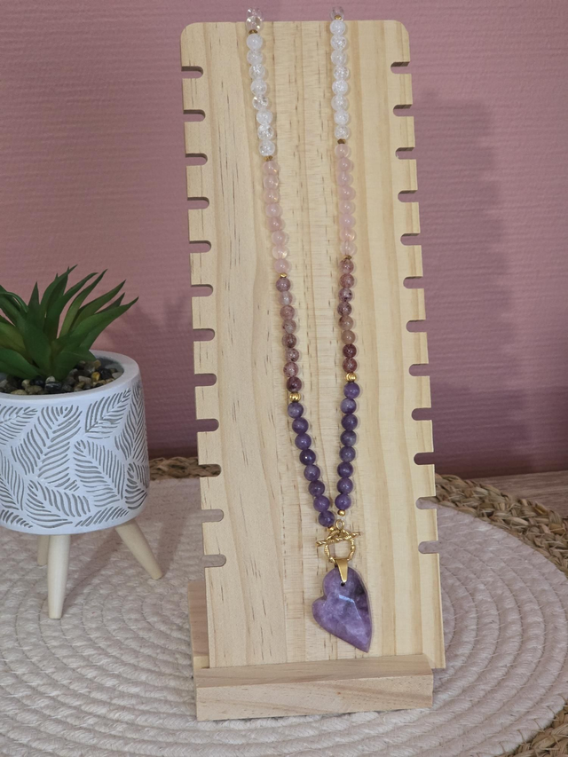 Collier Lépidolite, Quartz fraise, Quartz rose, Cristal de roche en 0,6 cm 