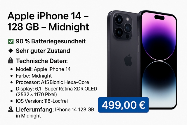 📱 Apple iPhone 14 – 128 GB – Midnight (gebraucht)