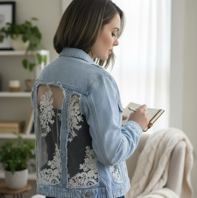 Veste en jean customisée dentelle blanche 38/40 