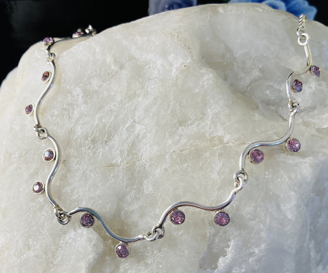 Sterling Silver Choker Necklace With a Festoon of Faceted Pale Pink Gemstones 