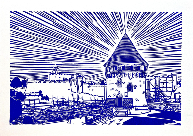 Brest : la Tour Tanguy et la Penfeld • Linogravure bleu outremer 21 x 30 cm