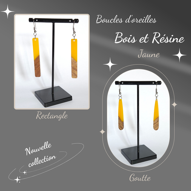 Boucles d&#039;oreilles JAUNE en Bois &amp; Résine