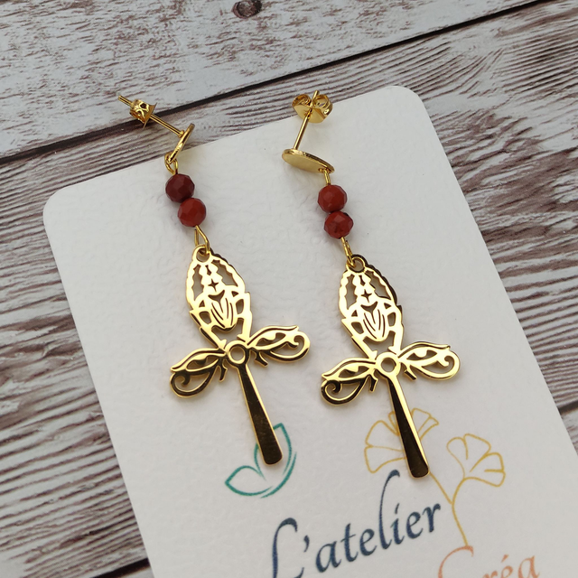 Boucles d&#039;oreilles Ankh et Scarabée en Jaspe Rouge
