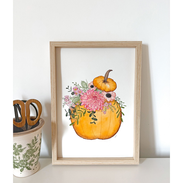 Aquarelle originale A4 - Citrouille fleurie 