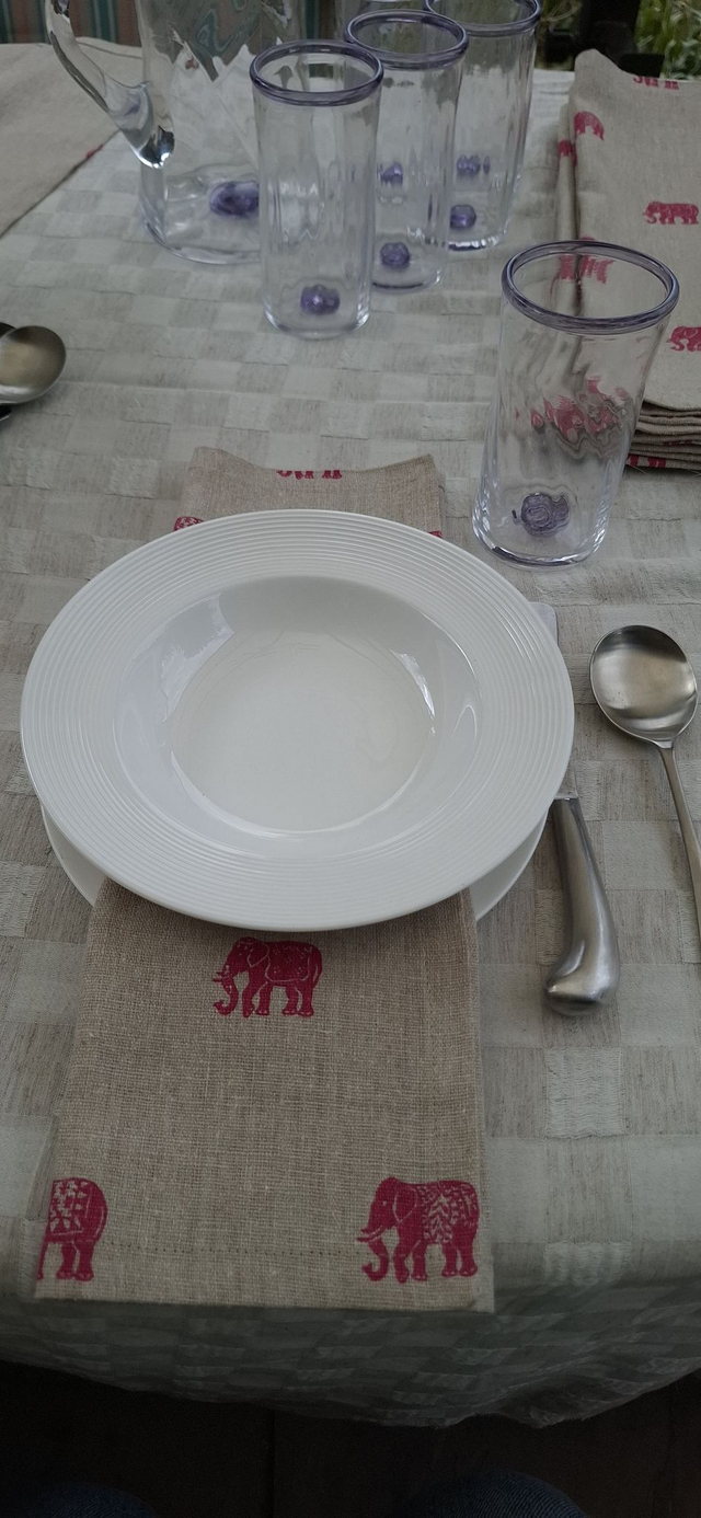 Linen Napkin 16" 40cm square, elephant print, hemmed with mitred corners