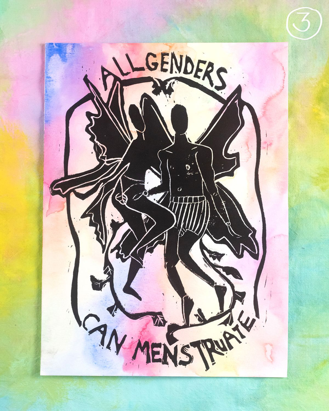 Linogravure "All genders can menstruate"
