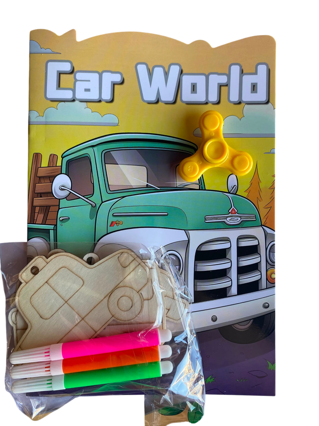 Kids Car World Activity Set – Wooden Vehicle Crafts, Markers & Fidget Spinner Toy