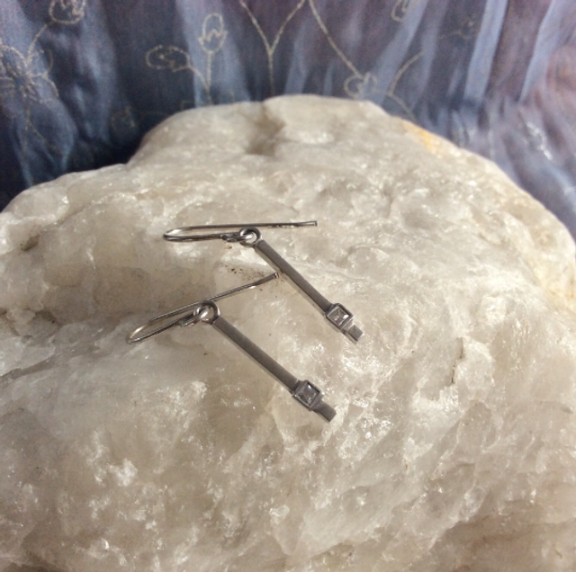 Vintage Minimalist Bar Style Sterling Silver Drop Earrings with Clear Gemstones