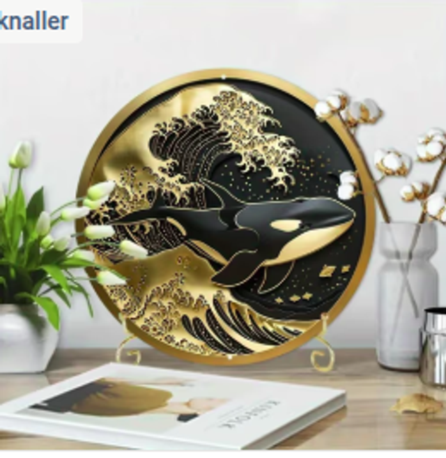 Wanddecoratie metalen bord Orca goud (20cm diameter)