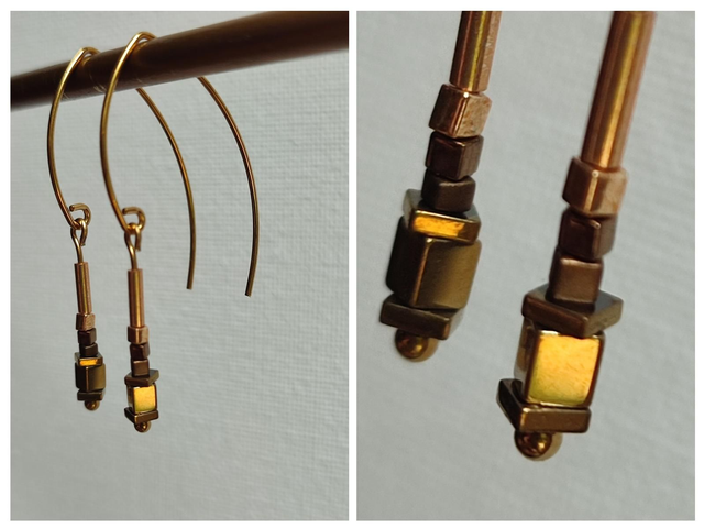 Boucles d&#039;oreilles longues or et bronze en hématite, acier inoxydable doré -sans nickel, pièce unique 