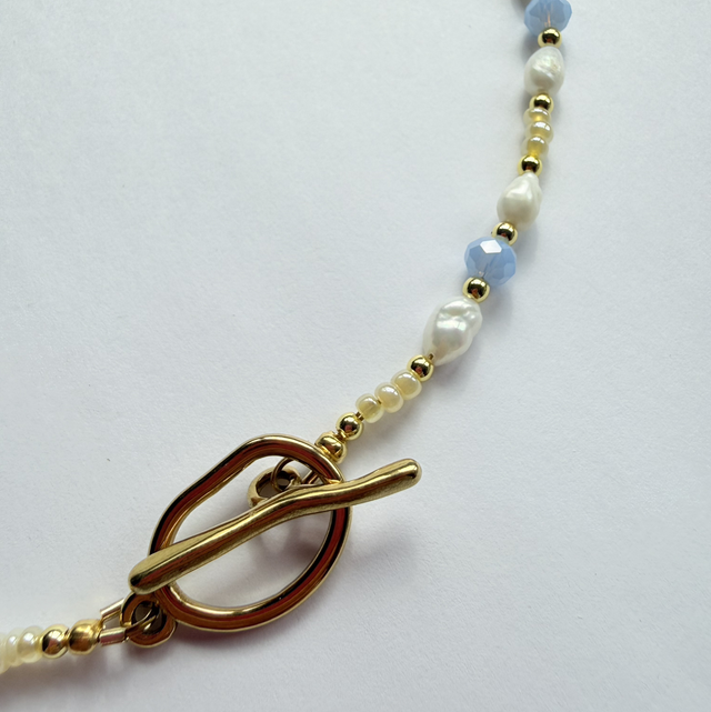 ARABELLA - Powder Blue, Butter Yellow & Pearl Beaded Toggle Necklace