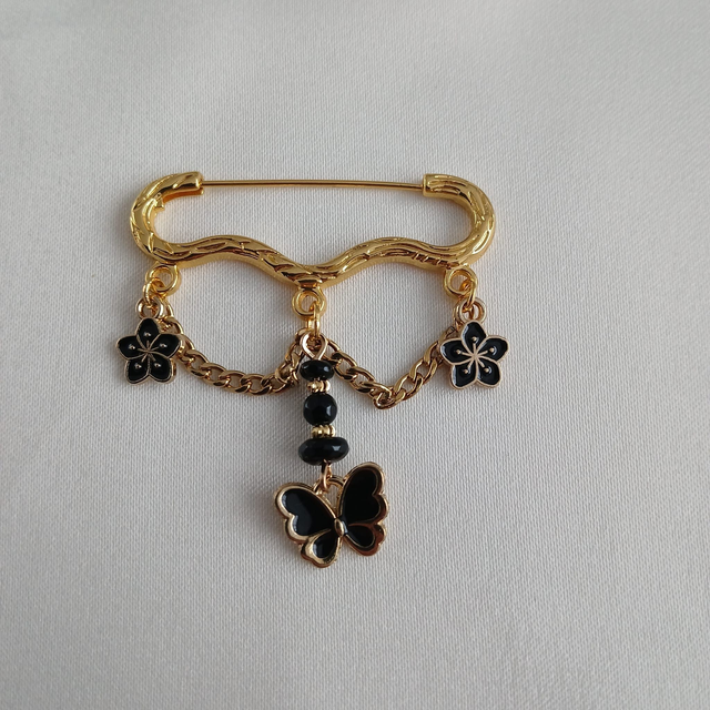 Broche - Goudkleurige RVS met Onyx, Vlinder en Bloem Bedels (8.021)